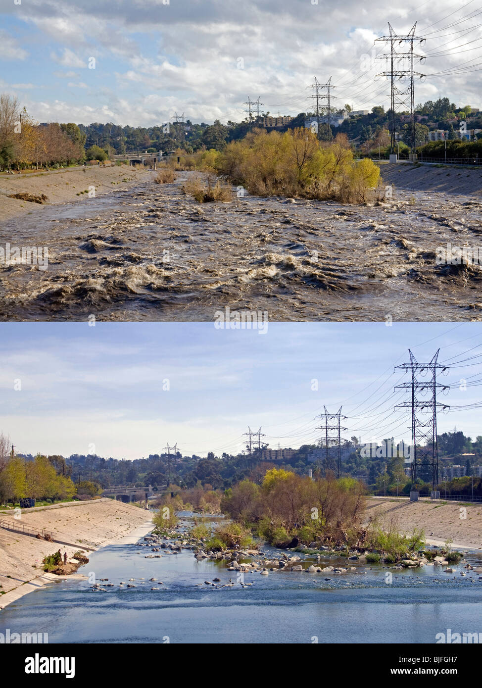 Los Angeles River montrant le débit normal et les niveaux d'eau et des niveaux d'eau pendant une tempête de pluie. Glendale Narrows, Los Angeles Banque D'Images