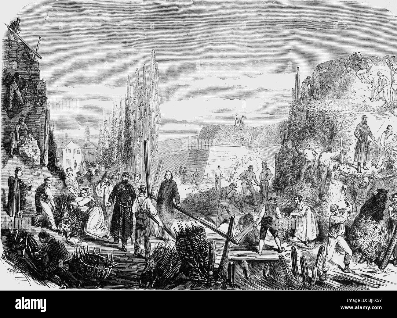 Evsnts, deuxième Guerre d'indépendance italienne 1859, Alessandria est fortifié, gravure en bois, 1859, Italie, guerres d'unification, Royaume de Sardaigne, Piémont-Sardaigne, Piémont, peuple, redoute, Risorgimento, historique, XIXe siècle, Banque D'Images