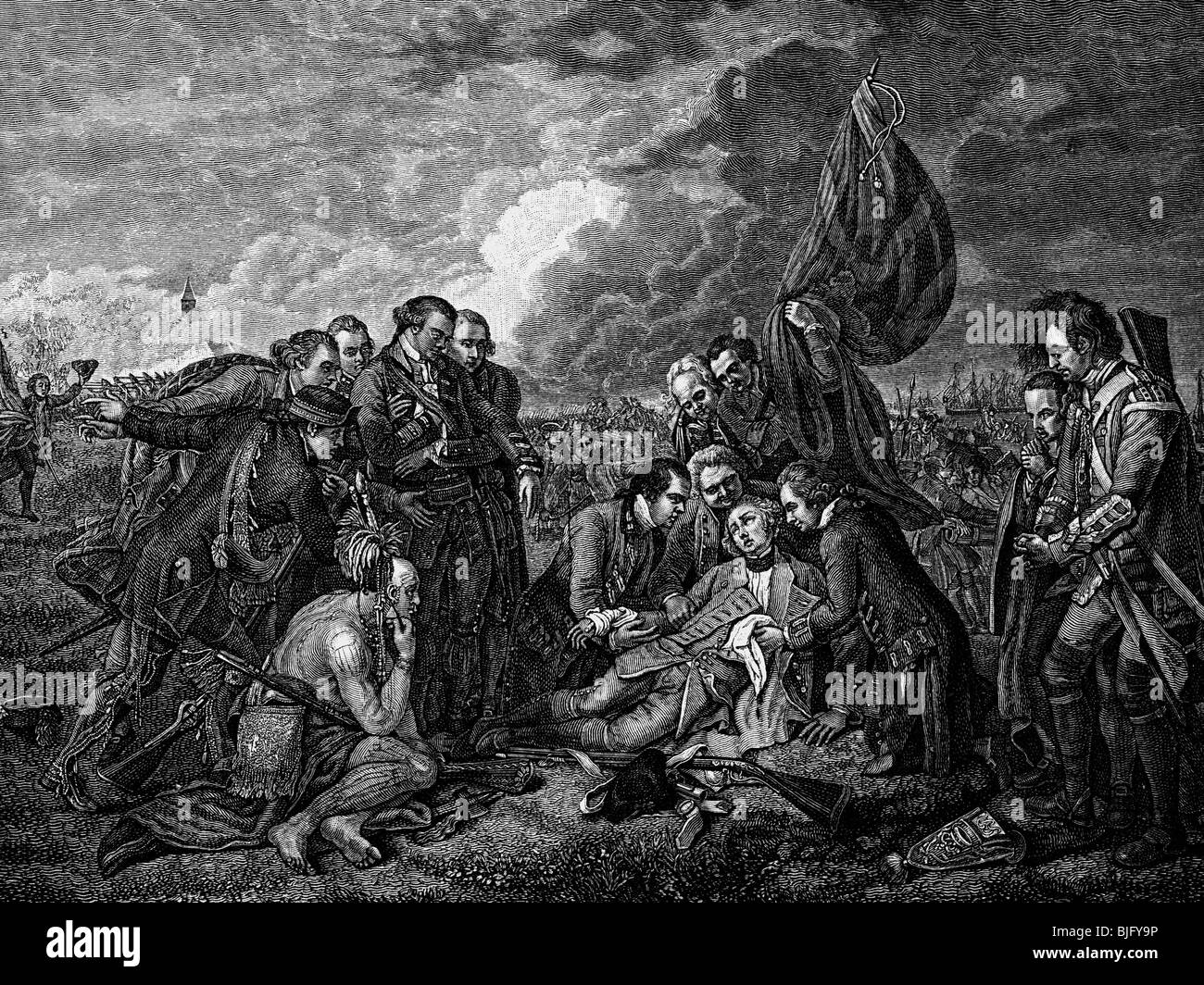 Wolfe, James, 2.1.1726 - 13.9.1759, général britannique, mort dans la bataille des plaines de Saint Abraham, gravure sur bois, XIXe siècle, après peinture de Benjamin West, 1770, , Banque D'Images