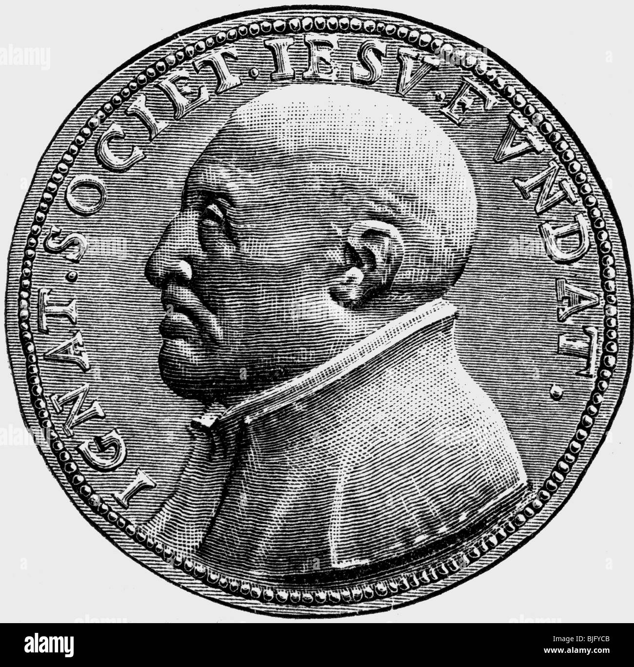 Ignace de Loyola, 1491 - 31.7.1556, clergé espagnol, fondateur de la 'societé de Jésus', portrait, pièce de monnaie, gravure de bois, XIXe siècle, Banque D'Images