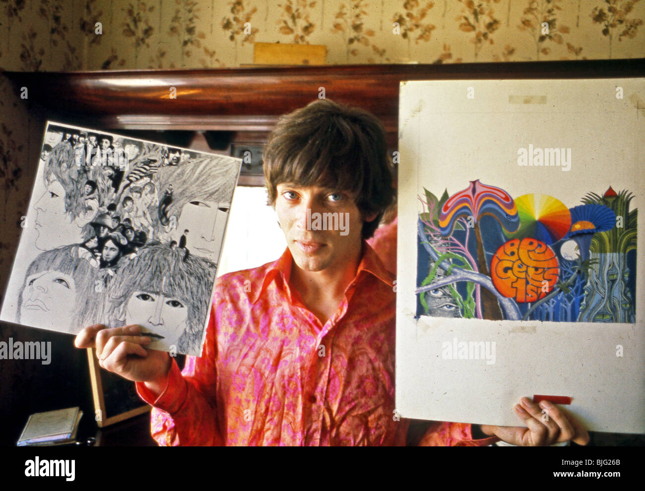 KLAUS VOORMAN à Streatham, Londres, son domicile le 27 juillet 1967 avec son illustration originale pour les Beatles et les Bee Gees. Photo : Tony Gale Banque D'Images