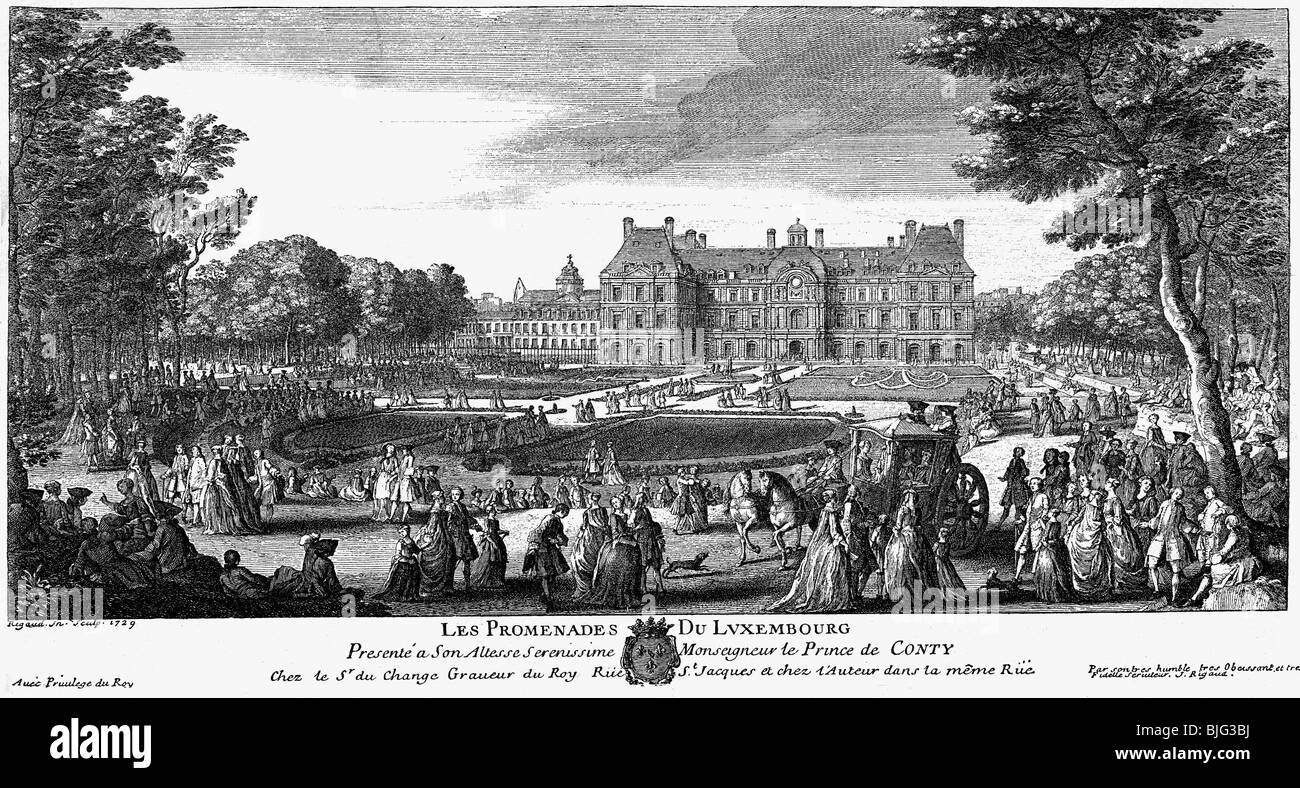 Géographie / voyages, France, Paris, Palais du Luxembourg, la vue extérieure, gravure sur cuivre par Jean Rigaud, 1729, l'artiste n'a pas d'auteur pour être effacé Banque D'Images