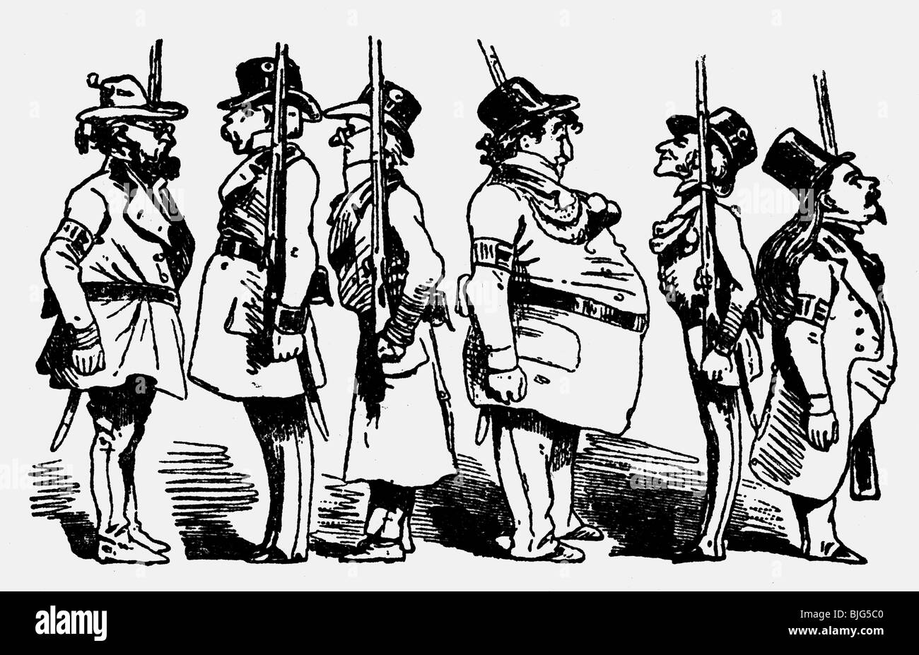 Événements, révolutions 1848 - 1849, Révolution de mars, Munich, milice de Munich, caricature, 'virage À Droite!', gravure en bois par K. Stauder, 'Fliegende Blaetter', 1848, , Banque D'Images