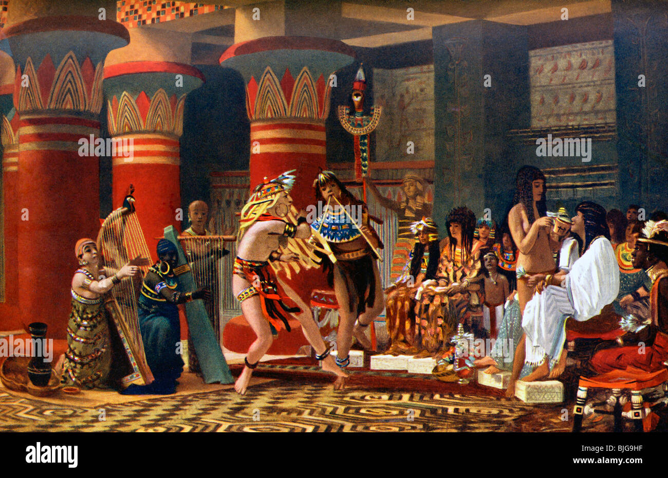 Cette peinture représente le chant, la danse, et jouant des instruments dans l'Egypte ancienne. Banque D'Images