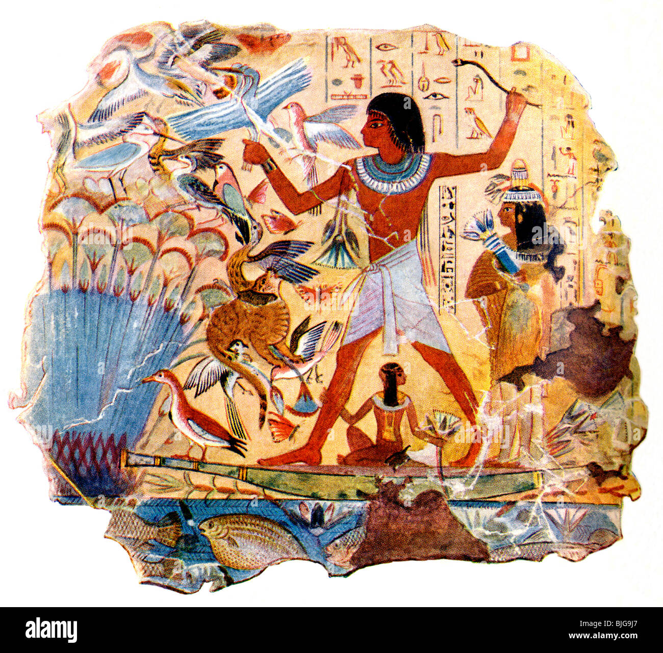 Dans cette tombe thébaine fresco, le défunt, accompagné de sa femme et de sa fille, se dresse dans un roseau canoe dans un marais. Banque D'Images