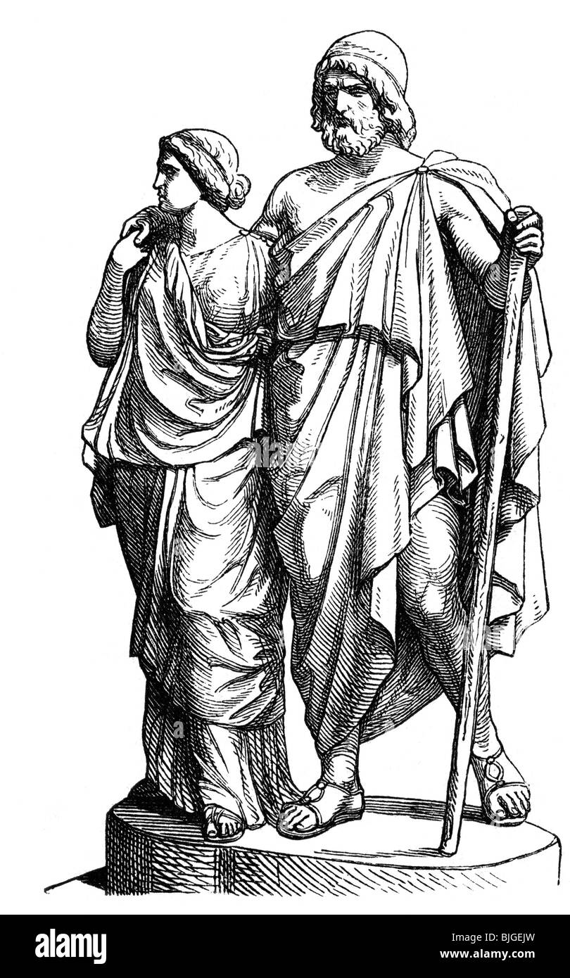 Oedipus, figure mythique grecque, pleine longueur, est guidé par sa fille Antigone, gravure en bois, XIXe siècle, après sculpture par Heidel, Banque D'Images