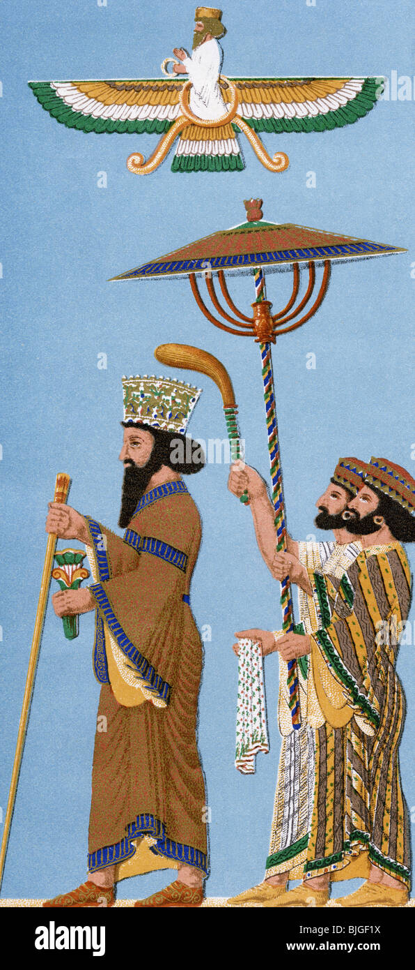 Darius I 'le Grand', 549 - 486 BC, Grand Roi des Perses 522 - 486 BC, avec porteur de parasol, reconstruction d'un soulagement après Texier, lithographie de couleur, XIXe siècle, , Banque D'Images