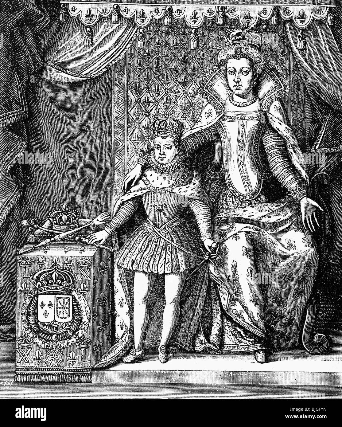 Marie de Médicis, 26.4.1573 - 3.7 1642, Reine Consort de France 5.10.1600 - 15.4.1610, Regent 14.5.1610 - 2.5.1617, avec son fils le roi Louis XIII, gravure sur cuivre, 17e siècle, l'artiste a le droit d'auteur , de ne pas être effacé Banque D'Images