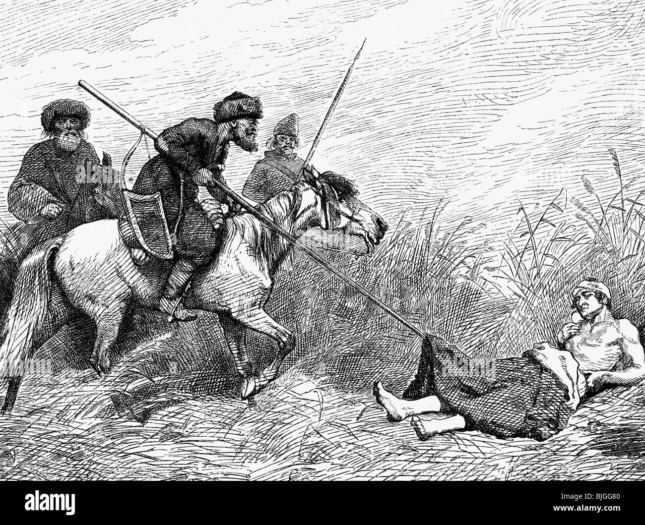 Kleist, Ewald Christian von, 7.3.1715 - 24.8.1759, officier militaire prussien et auteur/écrivain, est pillé par Cossacks après la bataille de Kunersdorf, 12.8.1759, gravure en bois par Huenten, 19ème siècle, , Banque D'Images