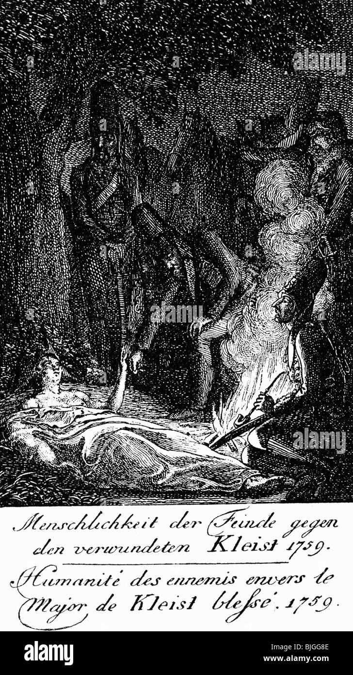 Kleist, Ewald Christian von, 7.3.1715 - 24.8.1759, officier militaire prussien et auteur/écrivain, est entretenu par des soldats russes après la bataille de Kunersdorf, 12./13.8.1759, etching par Daniel Chodowiecki, 18ème siècle, , Banque D'Images
