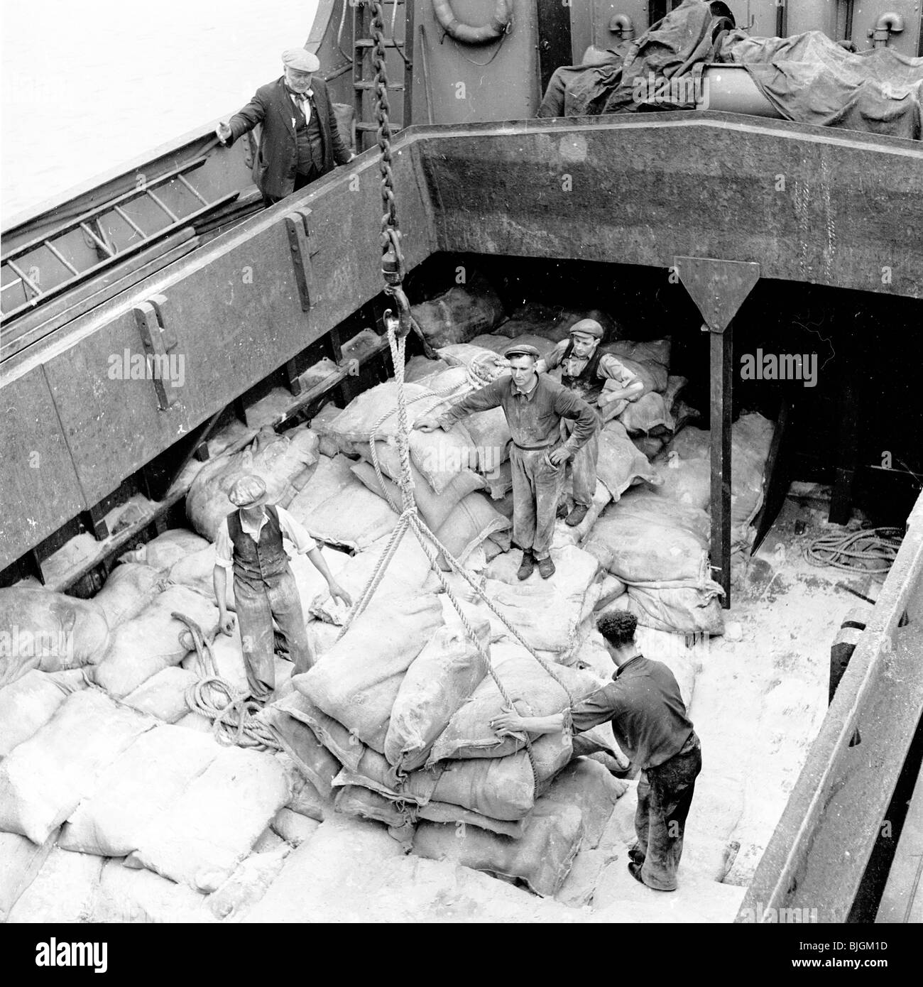 Quais de Londres, Angleterre, 1950s. Les travailleurs chargent de grands sacs de matières premières sur une poulie depuis l'intérieur de la soute d'un navire. Tous portent des casquettes en tissu, le contremaître au niveau supérieur qui supervise le travail. Banque D'Images