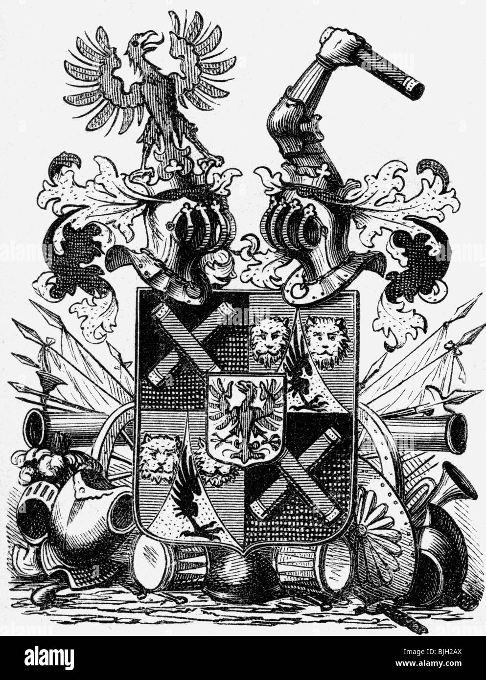 Derfflinger, Georg von, 20.3.1606 - 14.2.1695, général de Brandebourg, ses armoiries, gravure sur bois, XIXe siècle, , Banque D'Images