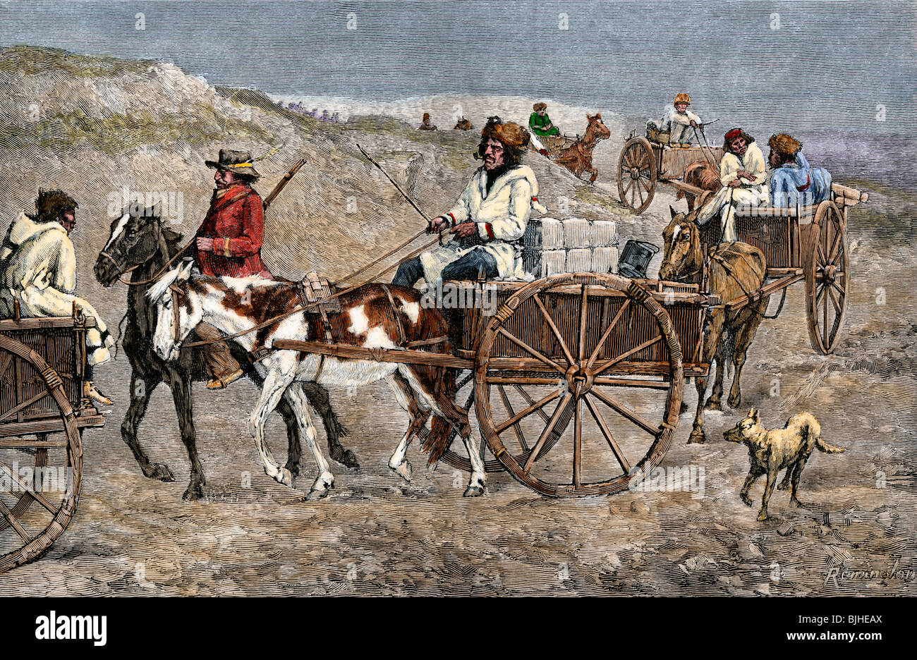 La fourrure du nord arrivant à un poste de traite, années 1800. À la main, gravure sur bois, d'une illustration Frederic Remington Banque D'Images