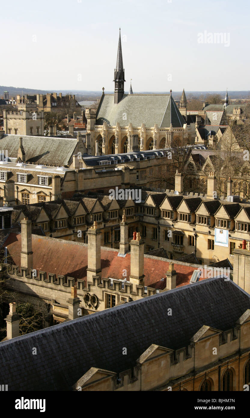 Brasenose College, l'Exeter College et la chapelle, l'Université d'Oxford, Oxford, Oxfordshire, Angleterre. Vue depuis la tour de l'église St Mary. Banque D'Images