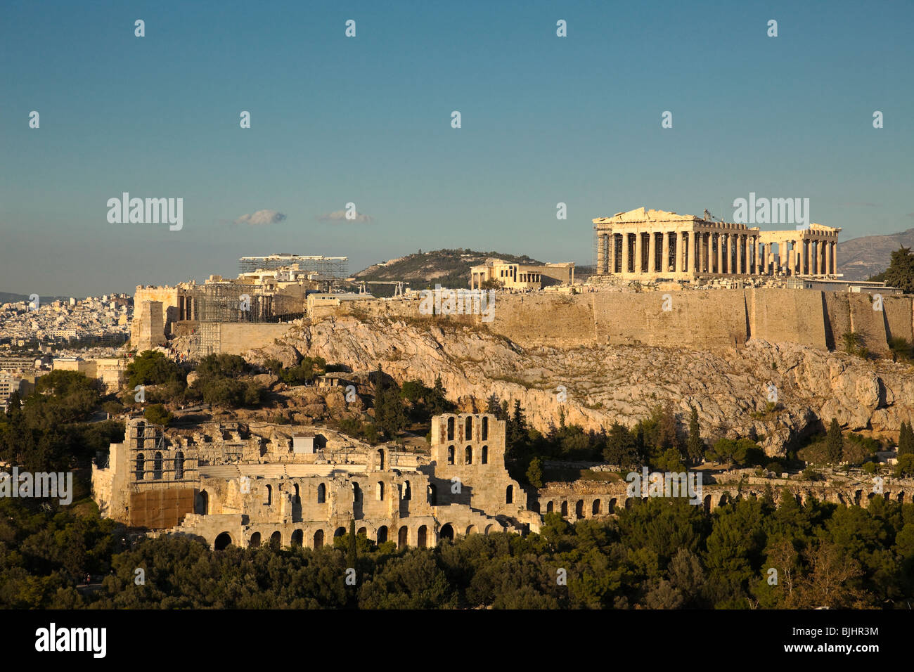 Vue de l'Acropole et le Parthénon de Filopapou Hill. Banque D'Images