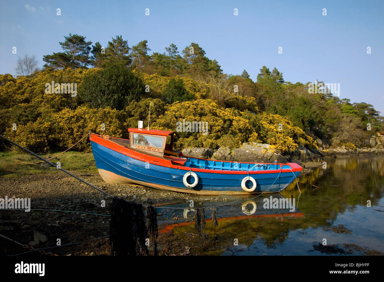 À clins coloré va lancer mer amarré à marée haute dans la petite baie à Wester Ross Plockton Banque D'Images