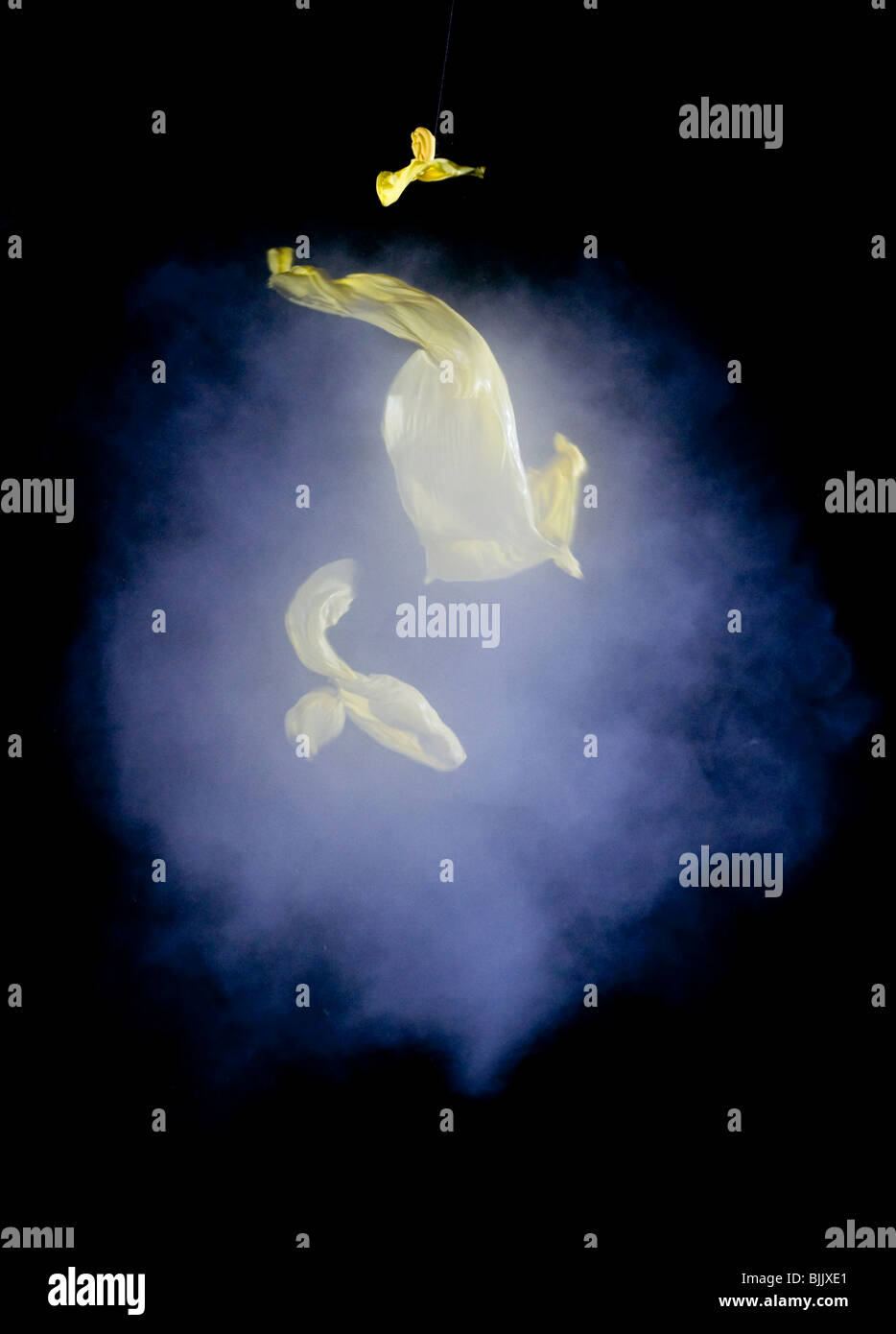 Un ballon jaune rempli de fumée lors de l'éclatement tourné avec une carabine à air. dissiper la fumée Banque D'Images