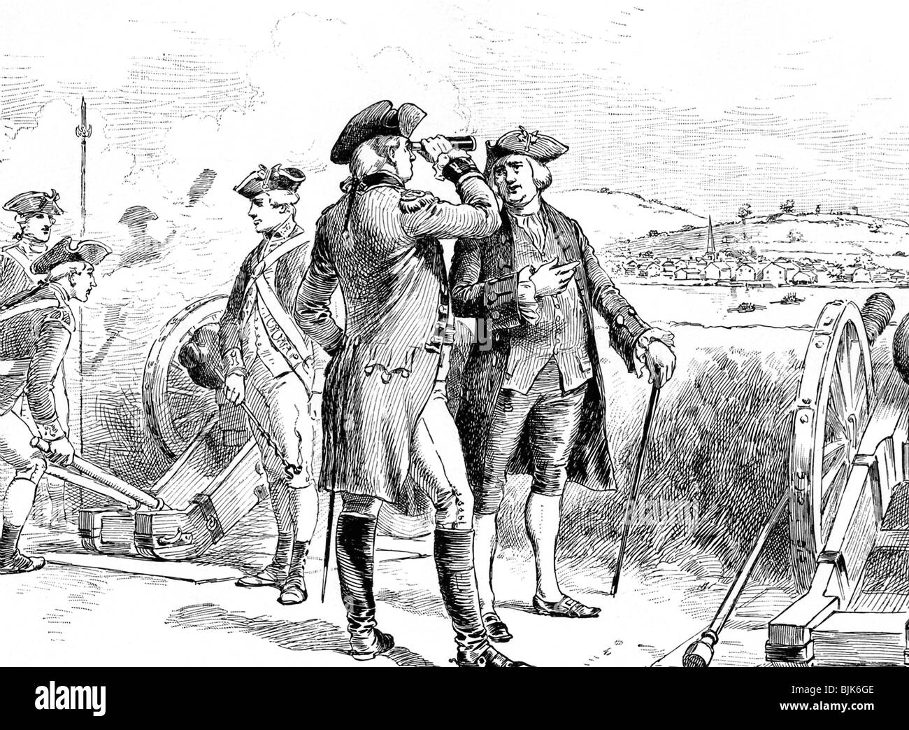 Le Général britannique Thomas Gage se demande si les révolutionnaires se battra ses troupes à Lexington et Concord. Banque D'Images