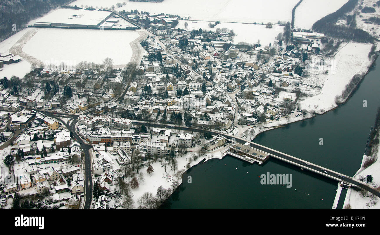 Photo aérienne, la neige, la rivière Ruhr, réservoir, Kettwig, Essen, Ruhr, Nordrhein-Westfalen, Germany, Europe Banque D'Images