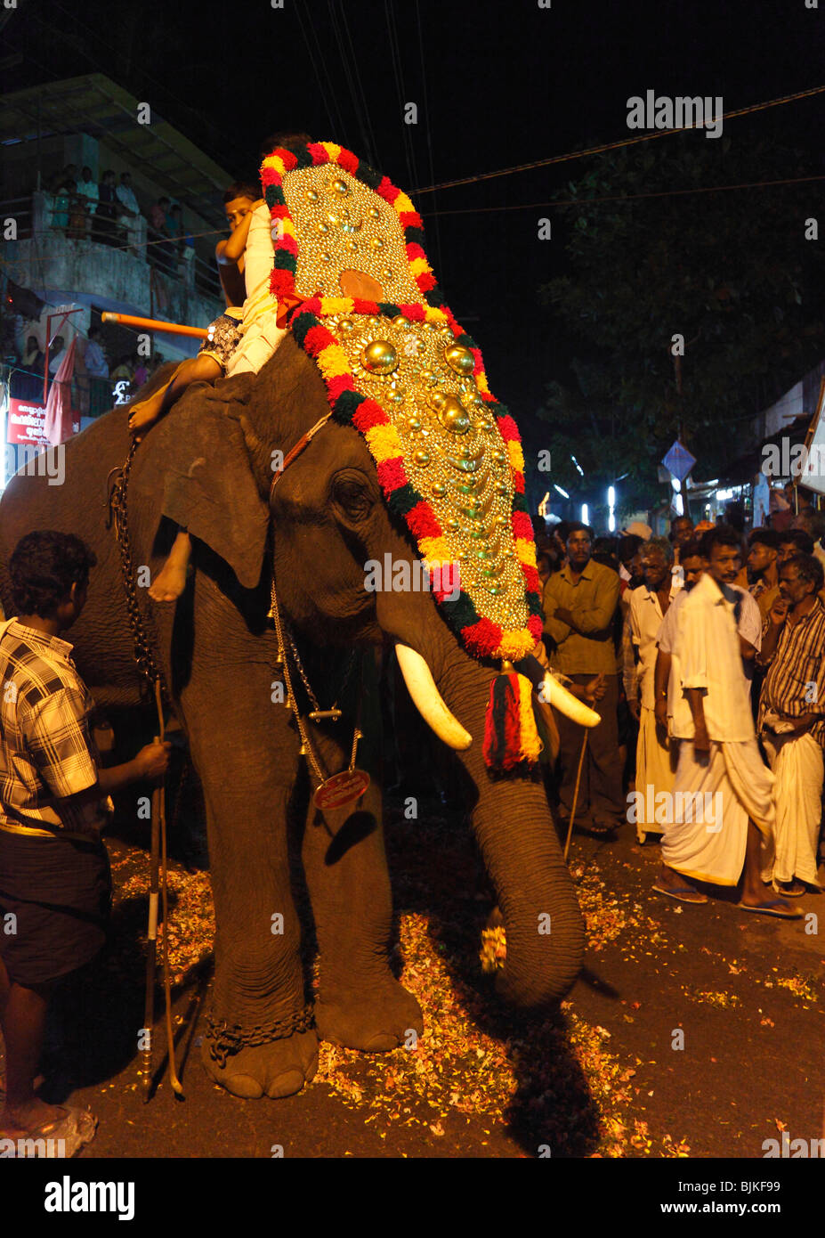 Décoré éléphant, procession jusqu'à la fête du temple hindou en Pulinkudi, l'état du Kerala, en Inde, en Asie Banque D'Images
