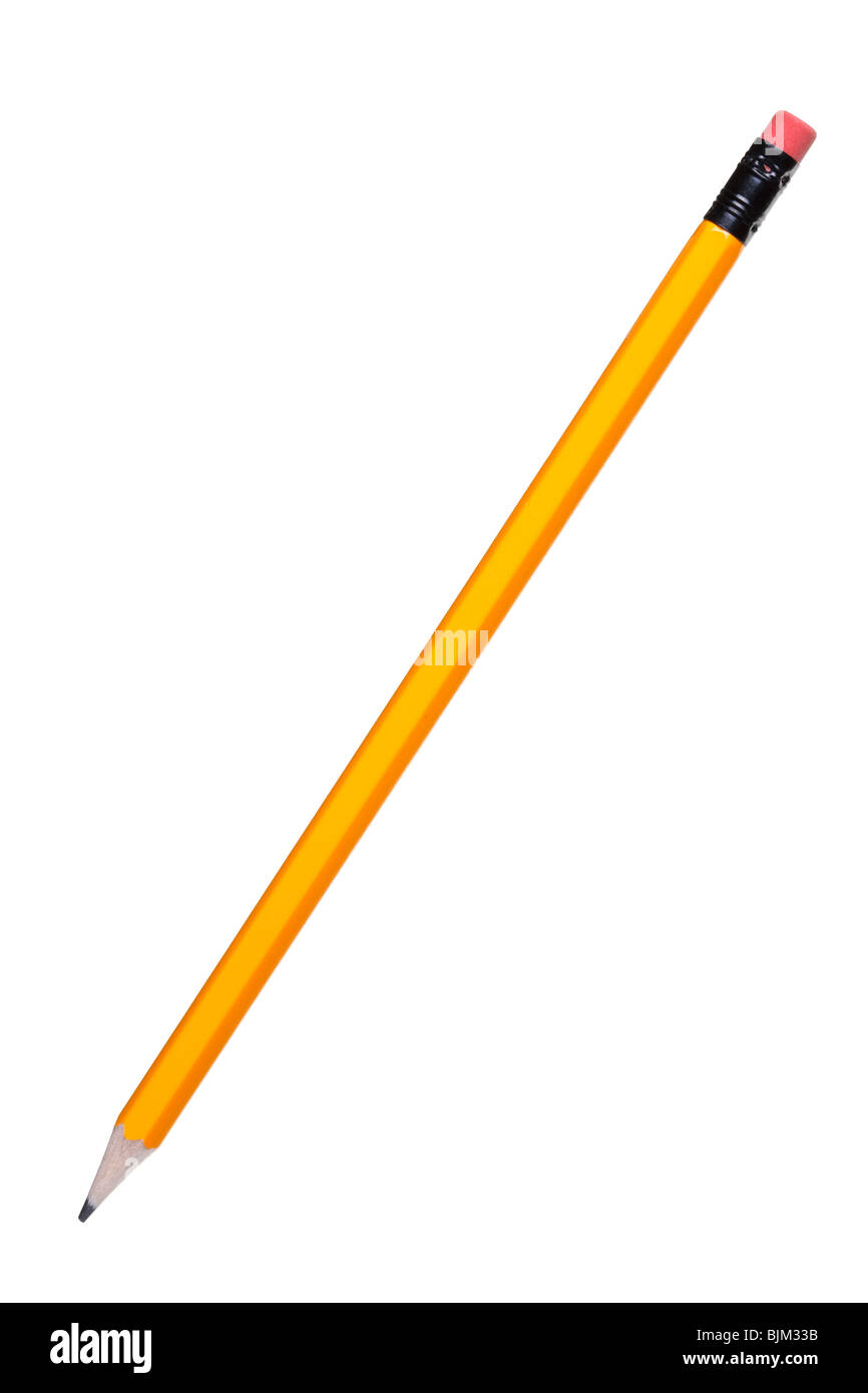 Crayon HB avec gomme jaune isolé sur fond blanc. Banque D'Images