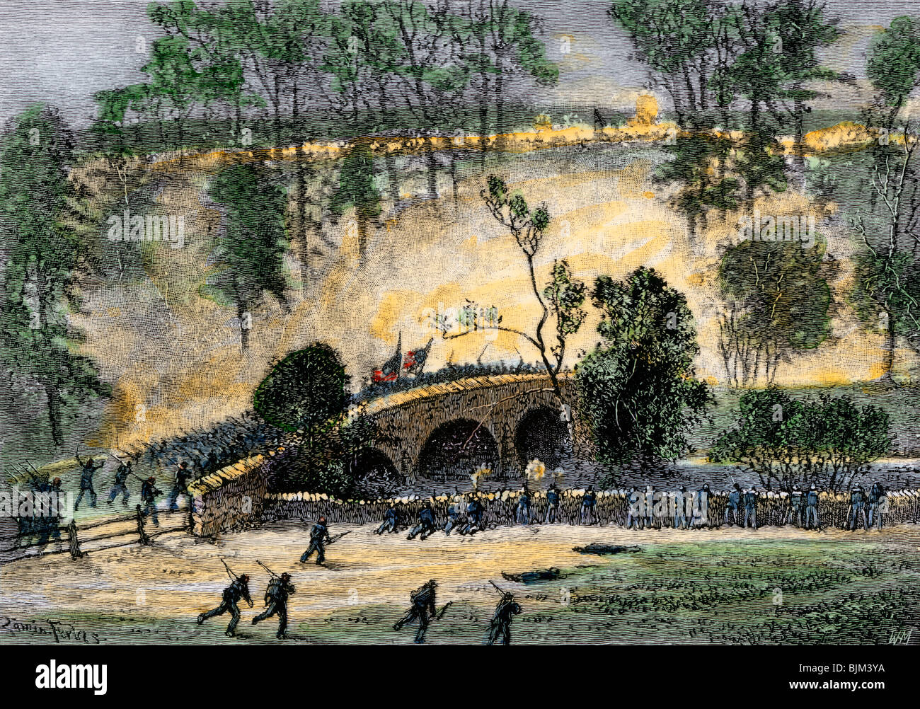 Union européenne la charge sur Burnside Pont sur le ruisseau d'Antietam, guerre civile, 1862. À la main, gravure sur bois Banque D'Images