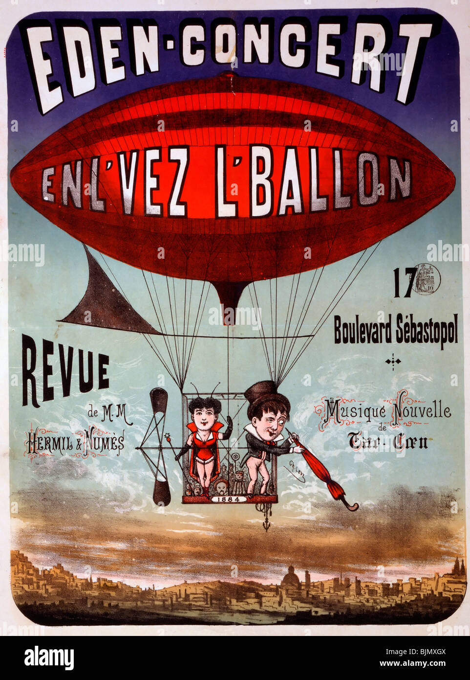 Eden Concert - cirque français affiche montre deux interprètes dans le panier d'un dirigeable - 1884 Banque D'Images