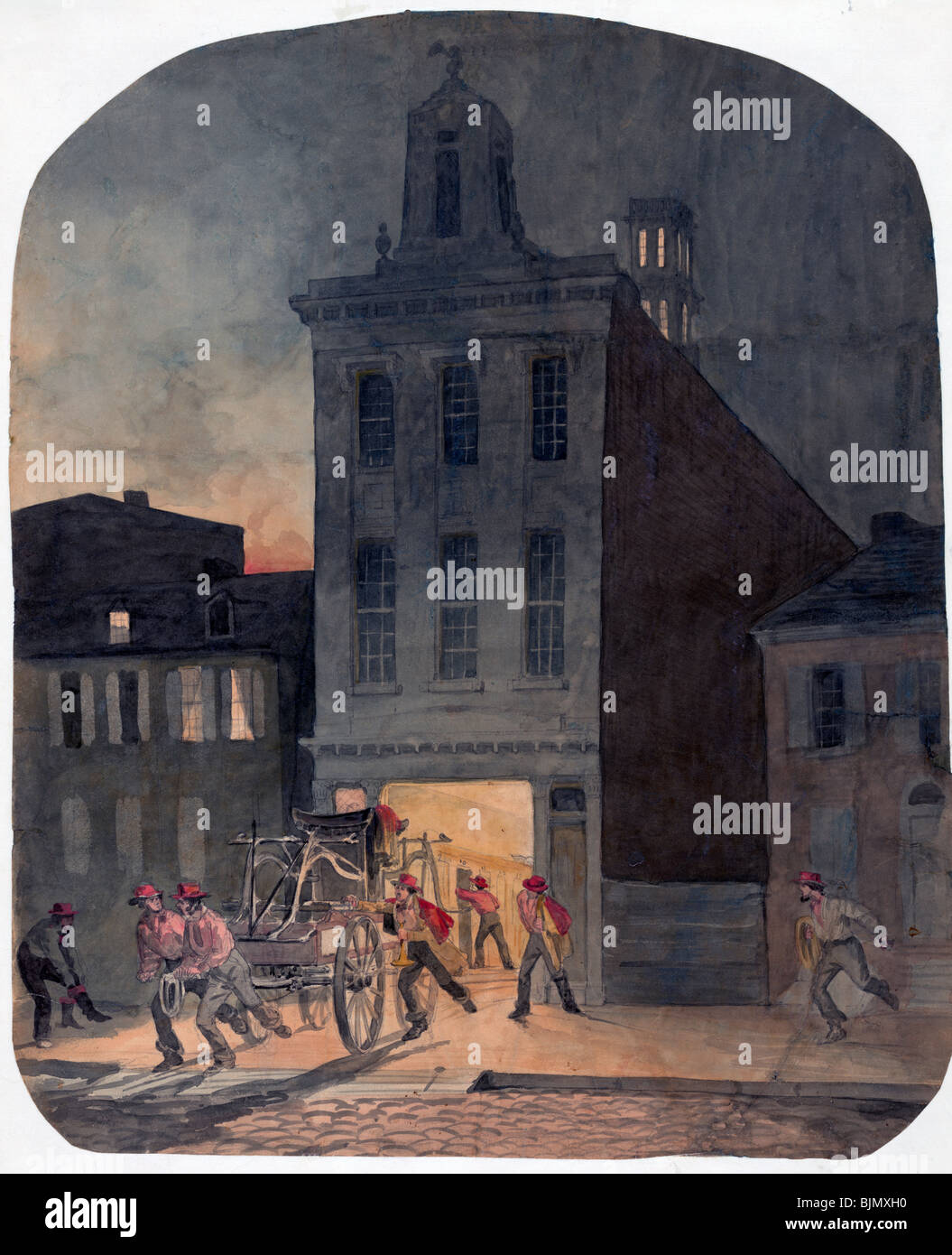 Caserne de pompiers à Philadelphie scène montrant le Weccacoe Société Moteur de traction d'un moteur de feu dessiné à la main. c. 1857 Banque D'Images