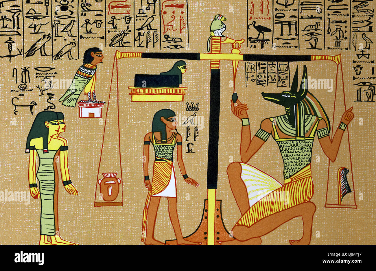 Anubis, dieu à tête de chacal des morts, pèse le coeur du scribe Ani, contre la plume de vérité pour décider le sort de l'Ani. Banque D'Images