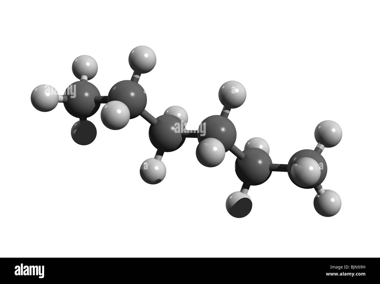 Molécule d'Hexane (colorcode : noir =carbone, hydrogène) =blanc Banque D'Images