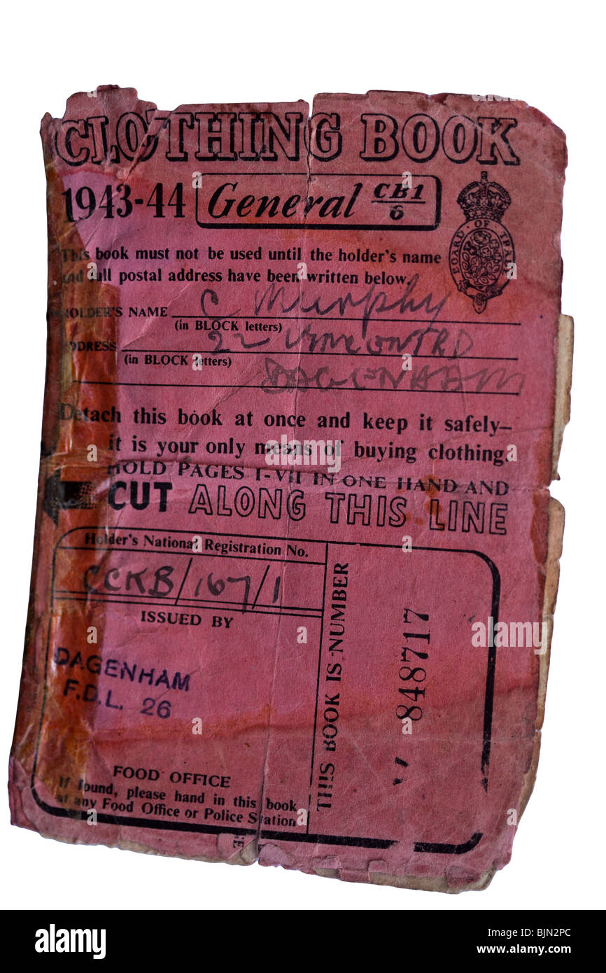 Deuxième Guerre mondiale, Seconde Guerre mondiale, Seconde Guerre mondiale, WW2; Livre de ration des vêtements 1943/44 General Food Office, dossier de guerre ou records de C Murphy, Dagenham, Royaume-Uni Banque D'Images