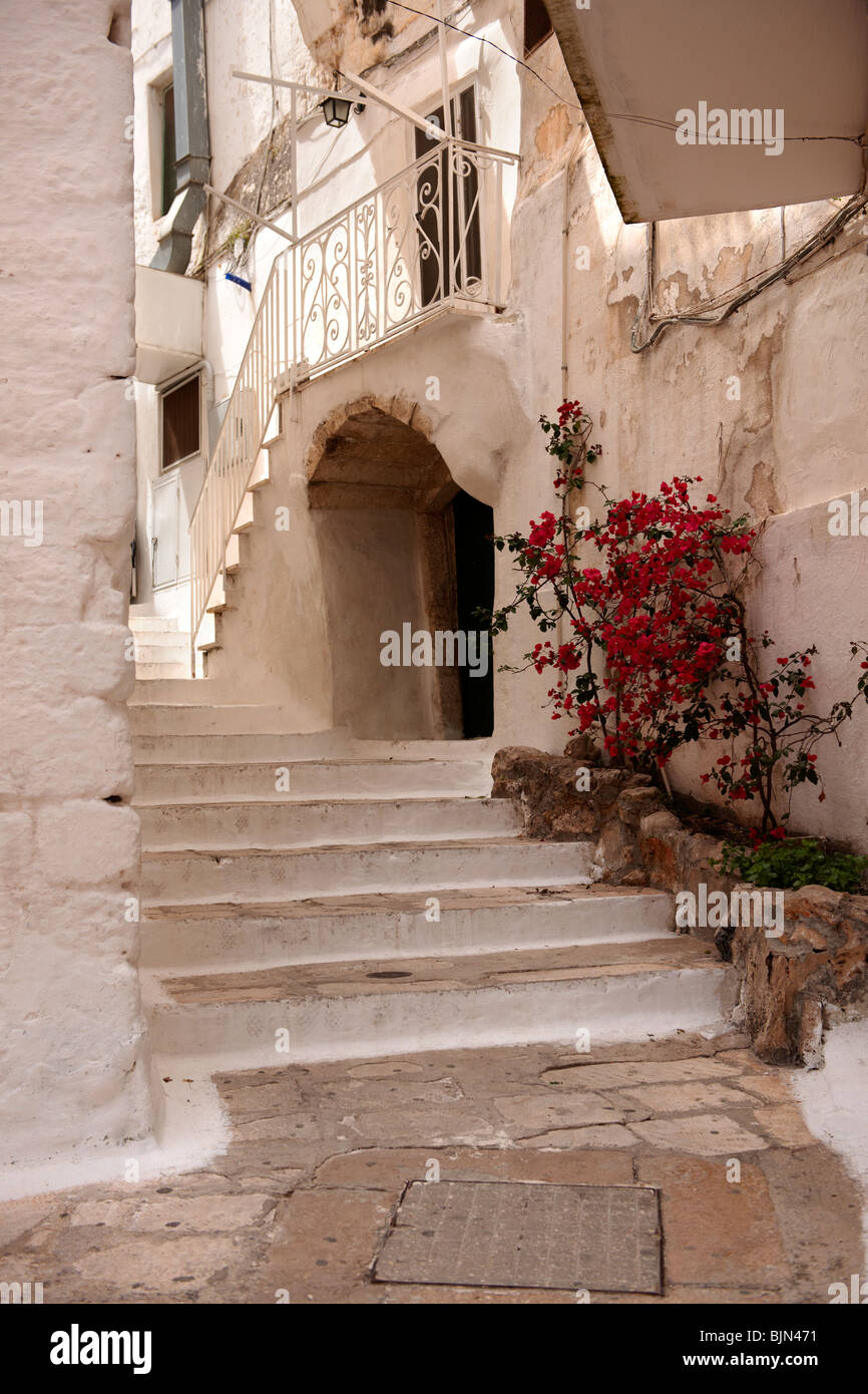 Les rues et ruelles de la ville blanche d'Ostuni, Pouilles, Italie du Sud. Banque D'Images