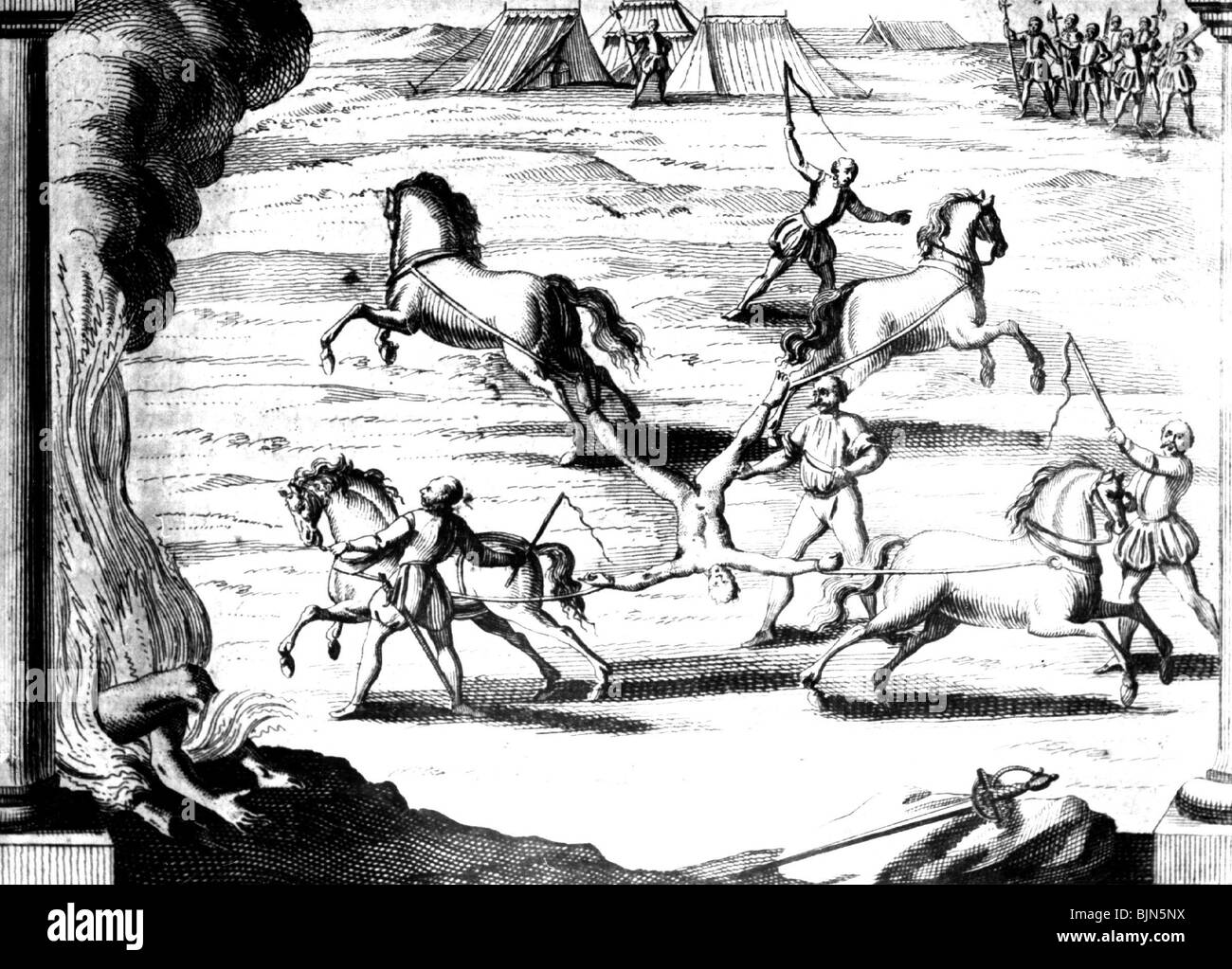 La justice, système pénitentiaire, de mutilation, de l'exécution de Jacques Clément, assassin du roi Henri III de France, Saint-Cloud, 1589, l'artiste n'a pas d'auteur pour être effacé Banque D'Images
