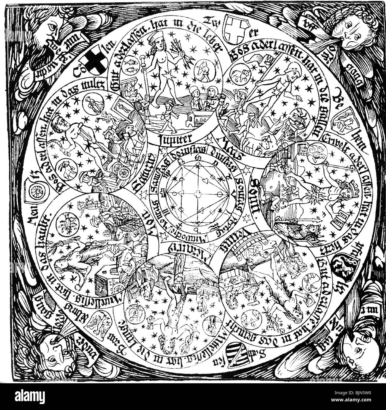 Astrologie, les sept planètes, coupe de bois d'un panneau astrologique, 1480 - 1490, Banque D'Images