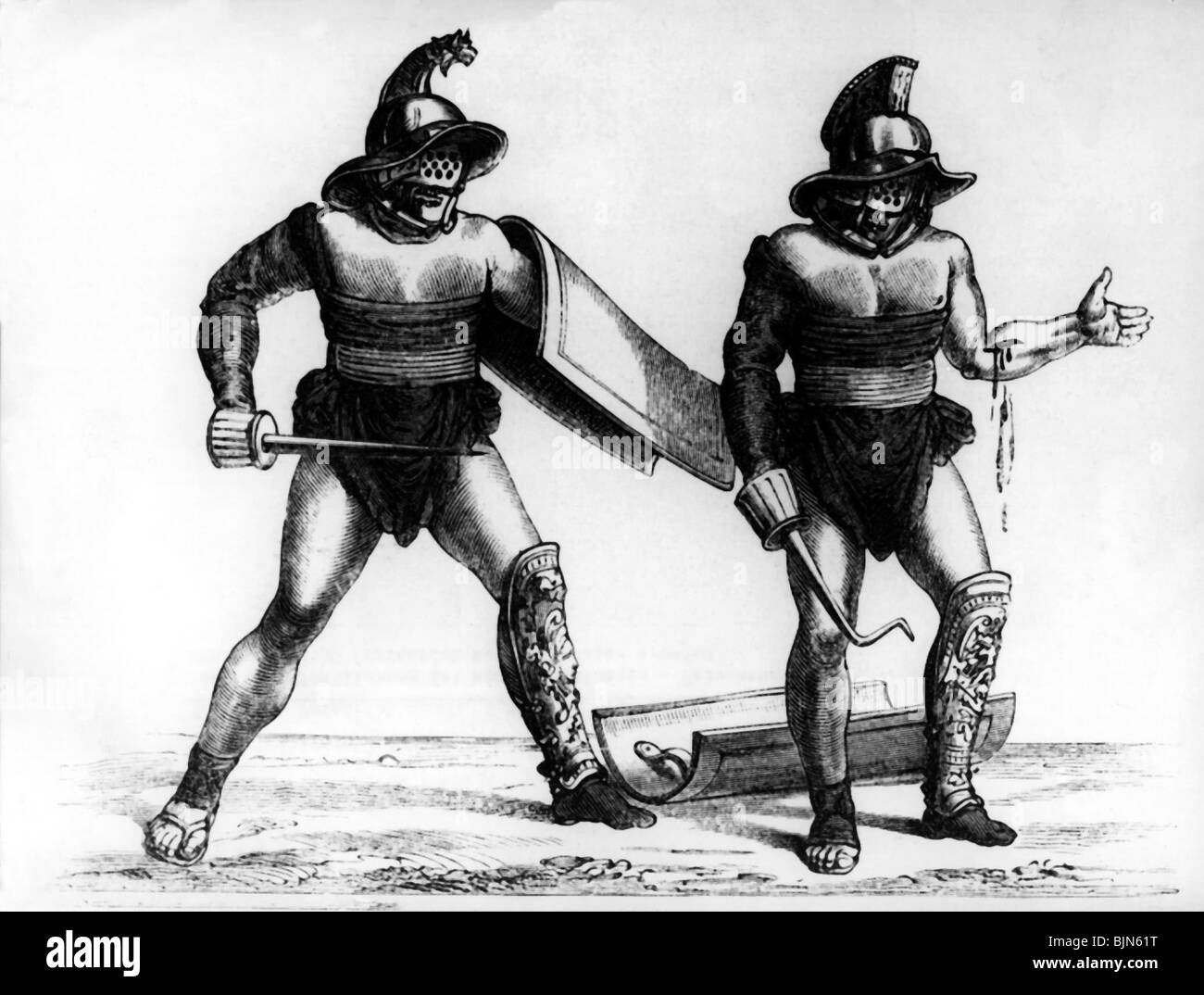 Ancien monde, Empire romain, gladiateurs Murmillo et Thraex blessé, gravure en bois après fresque sur le podium de l'amphithéâtre de Pompéi, milieu du 1° siècle après Jésus-Christ, historique, joust, joues, duel, clin, combat, jeu, jeux, mal, casque, shild, scutum, jattelle, splints, gladiateur, romani, jeux romains, jeux, jeux de jambes, nani, spliants costume d'armure, monde antique, Banque D'Images