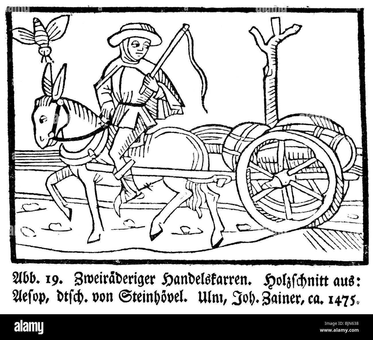 Transport / transport, marchand avec chariot dessiné par un âne, bois coupé par Johann Zainer, vers 1475, Banque D'Images