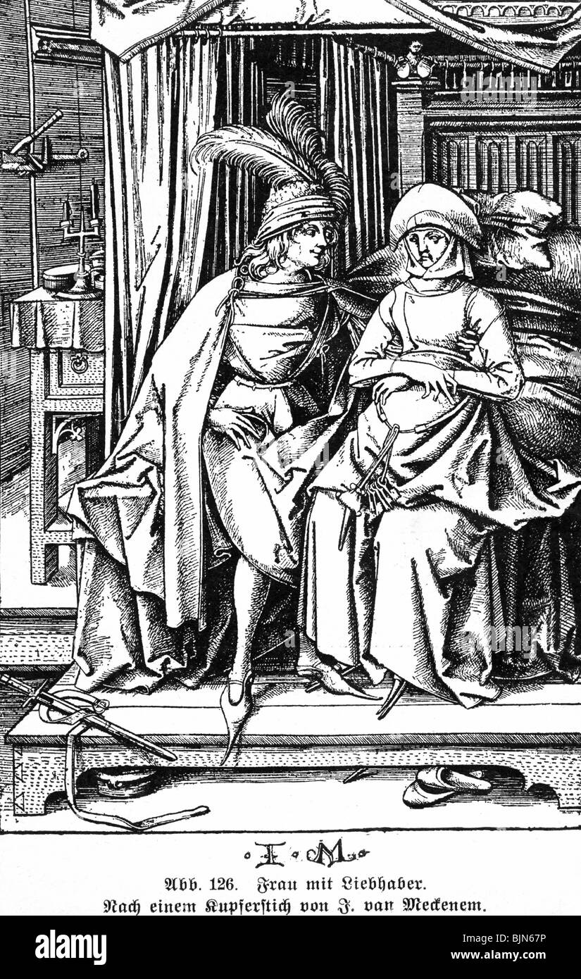 Les gens, l'amour, la femme à son amant assis sur le lit, après une gravure sur cuivre par Israhel van Meckenem, 15ème / 16ème siècle, l'artiste n'a pas d'auteur pour être effacé Banque D'Images