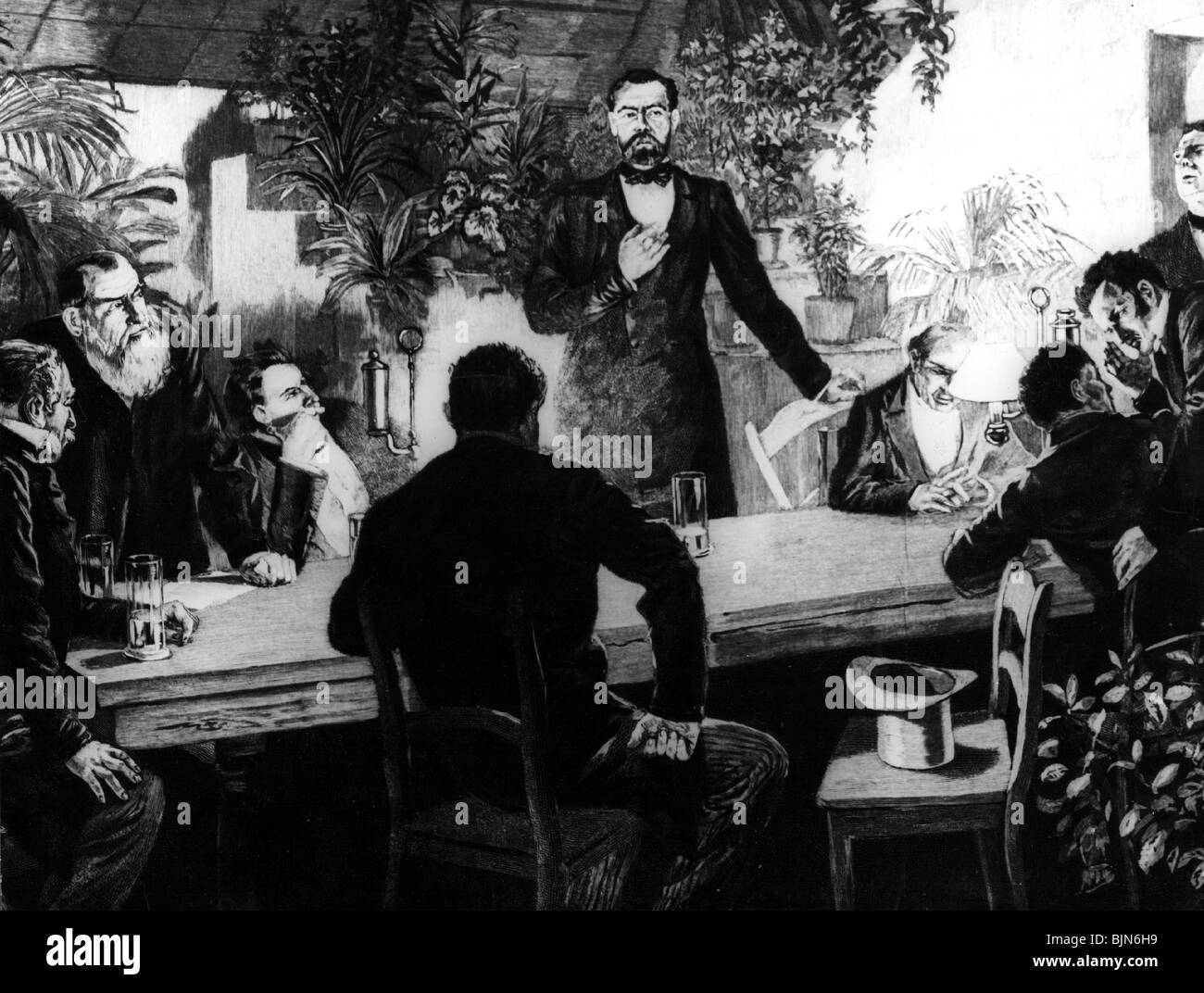 Bismarck, Otto von, 1.4.1815 - 30.7.1898, politicien allemand, prononçait son premier discours électoral, usine pépinière de Bölcke à Rathenow, 1845, gravure en bois après peinture de Johann Bahr, XIXe siècle, Banque D'Images