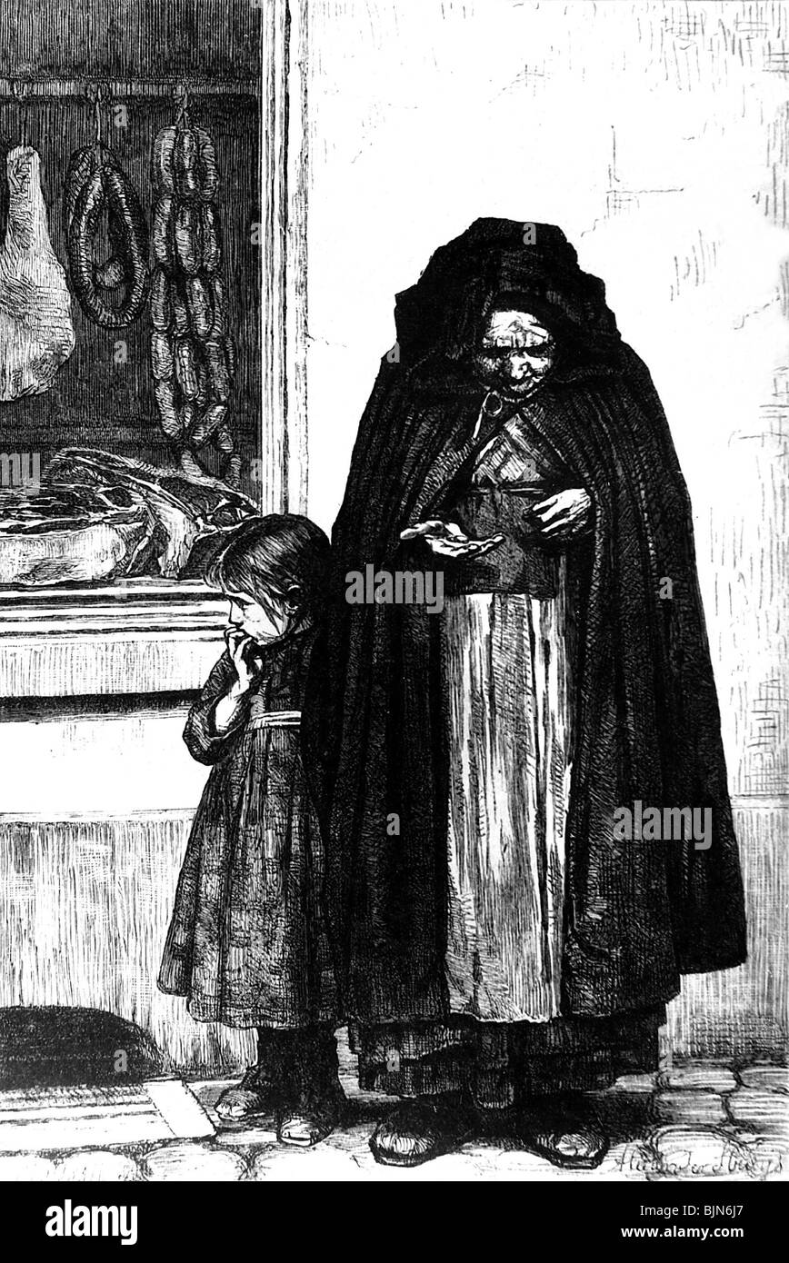 Les gens, la misère / l'adversité, les femmes pauvres avec la mendicité des enfants, la gravure du bois après la peinture du professeur Struys, 1879, Banque D'Images