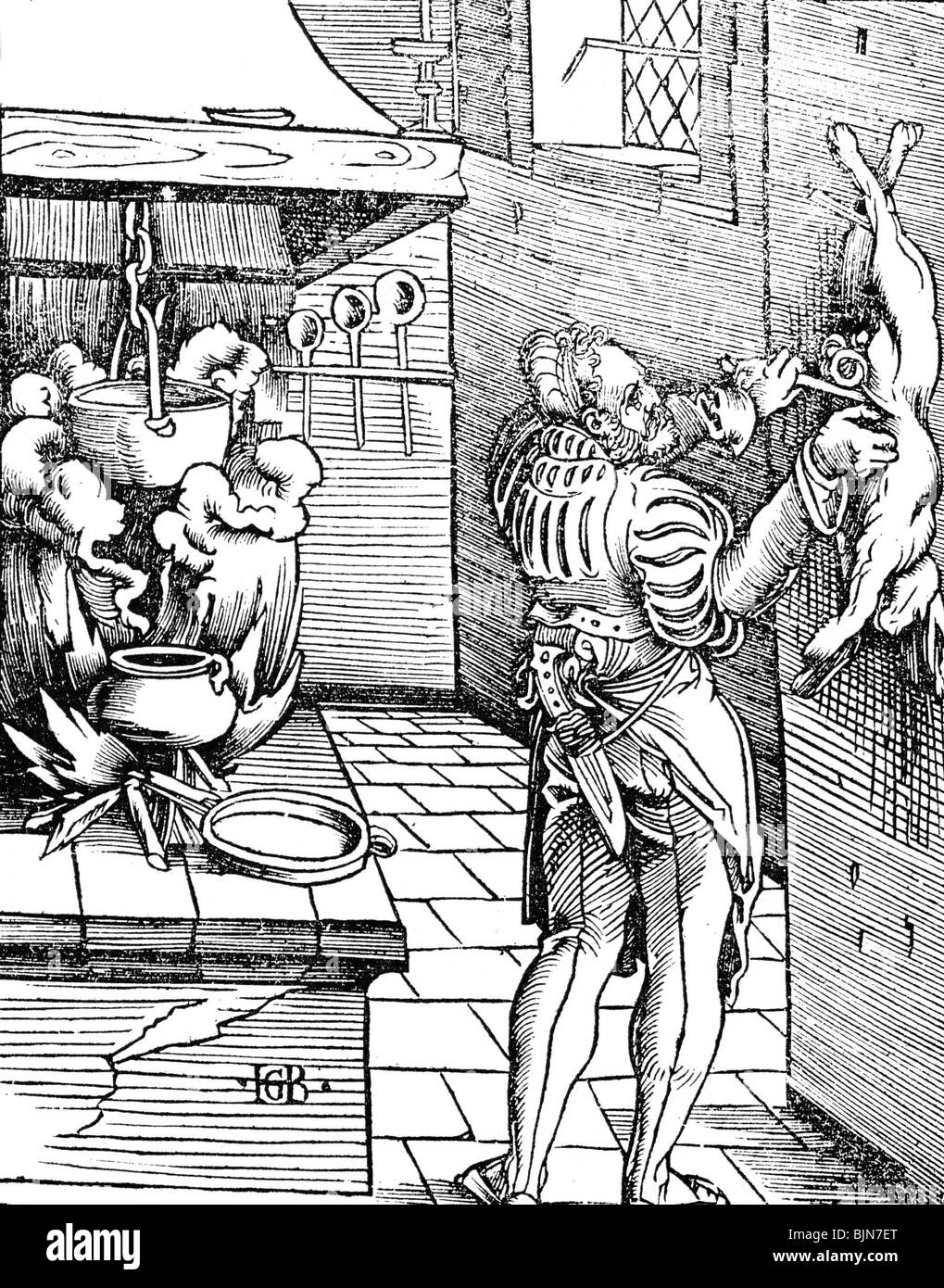 Gastronomie, cuisine, dessin de cuisinier d'un lapin, boisé par Hans Baldung appelé Grien, "Le Livre de grenade" par Geiler von Kaisersberg, Strasbourg, 1516, Banque D'Images