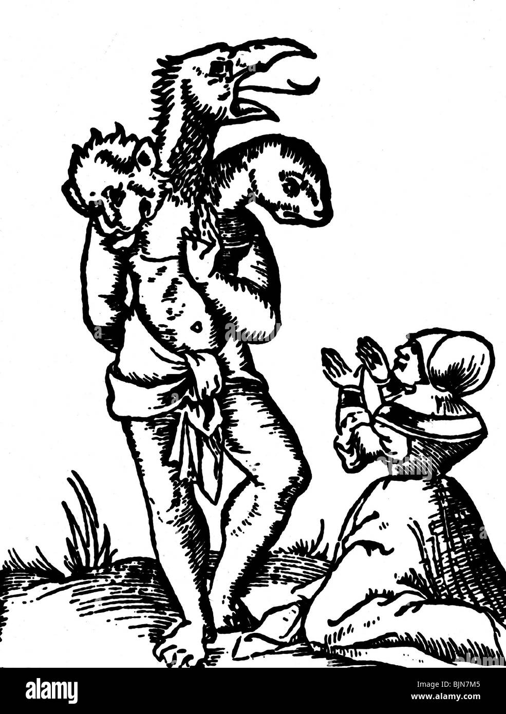 Superstition, sorcellerie, sorcière est priant au démon, boisée de Cosmographia Universalis, par Sebastian Munster, 1544, Banque D'Images