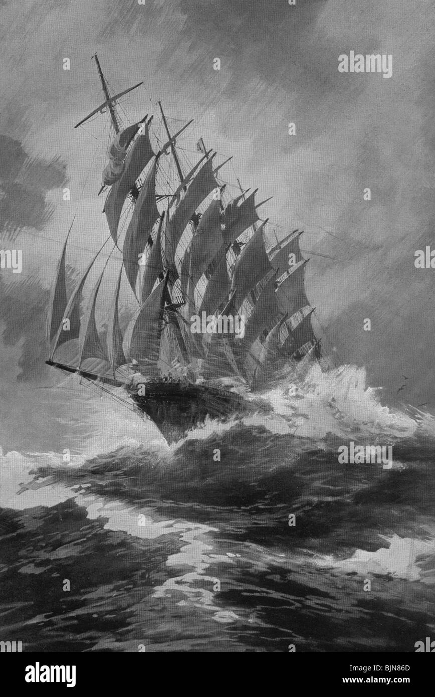 Transport / transport, navigation, bateaux à voile, coupe droite 'Potosi', compagnie maritime de Laeisz, Hambourg, 1895 - 1920, voile près de Cape Horn, après une peinture de Hans Bohrdt, vers 1910, Banque D'Images