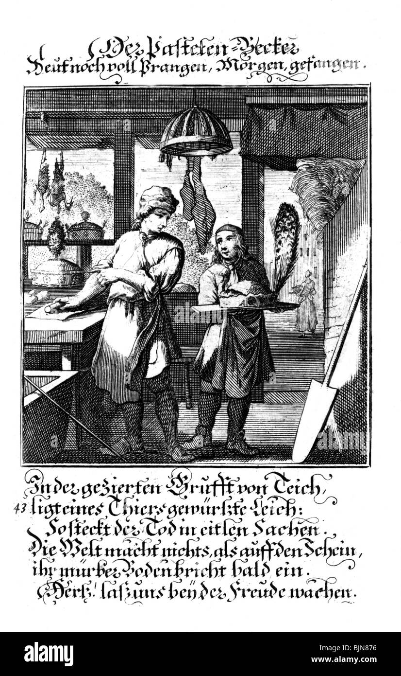 Personnes, professions, boulanger, boulanger à pâtisserie, gravure en cuivre d'un livre de Christoph Weigel avec versets d'Abraham A Sancta Clara, 1698, Banque D'Images