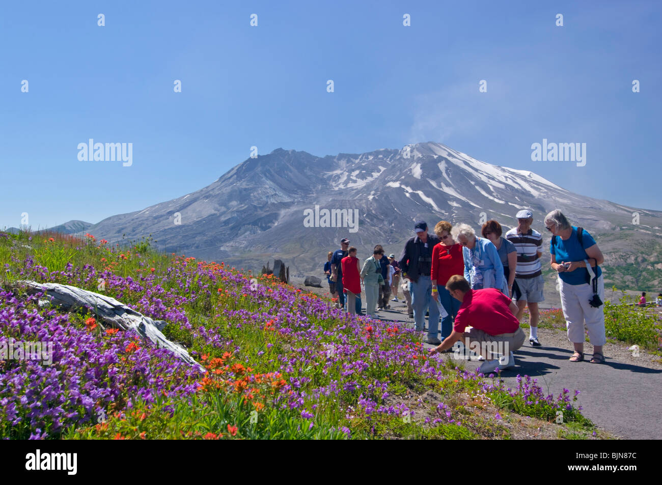 Guide montre un groupe d'autour du centre de visiteurs du Mont Saint Helens dans l'État de Washington Banque D'Images