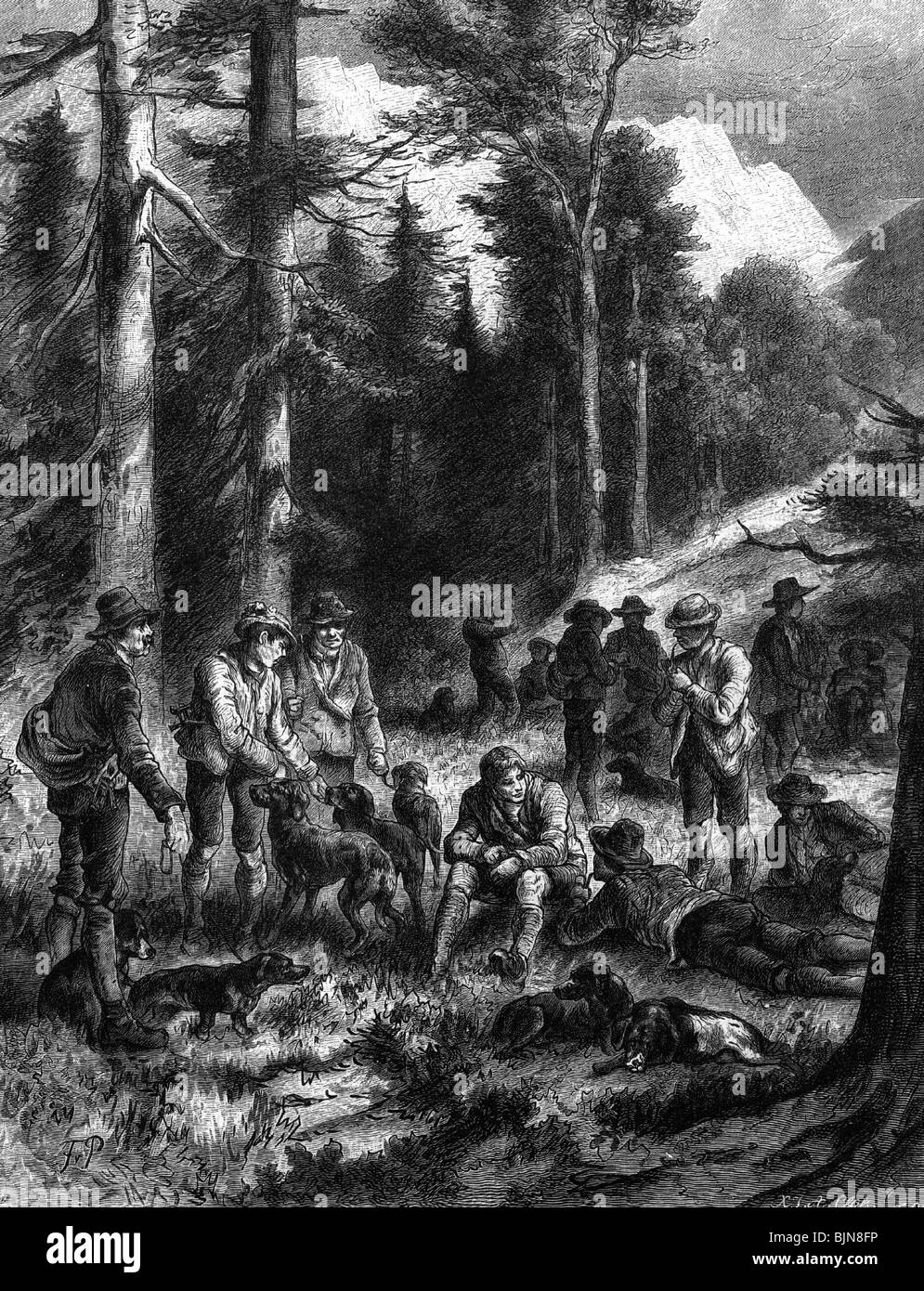 Chasse, 'Avant la chasse au lecteur', gravure en bois après dessin par Franz Xaver von Paulinger, 1878, Banque D'Images