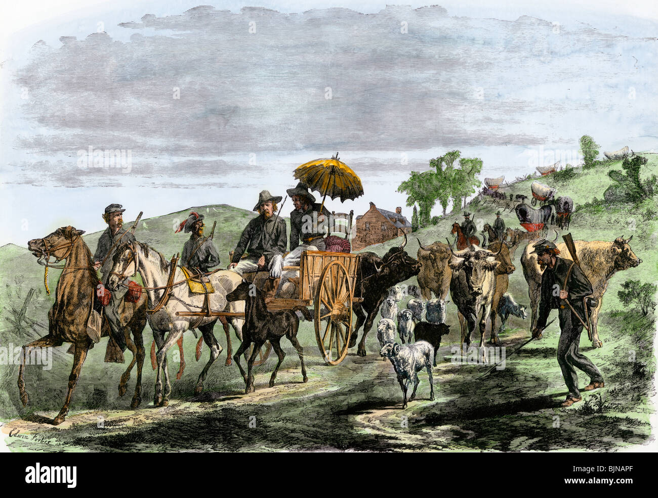 La cavalerie du général, au début de l'élevage des agriculteurs pendant l'invasion des Confédérés du Maryland, 1864. À la main, gravure sur bois Banque D'Images