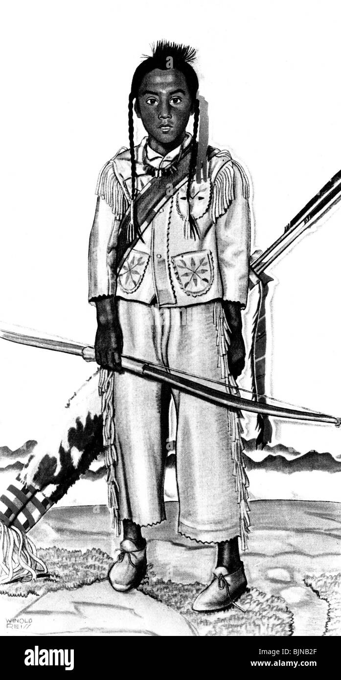 Géographie / voyages, États-Unis d'Amérique, Indiens américains, garçon 'Saint Feather', dans réserve de l'Indien des pieds-Noirs, Dakota du Nord, peinture de WInolf Reiss, vers 1930, Banque D'Images