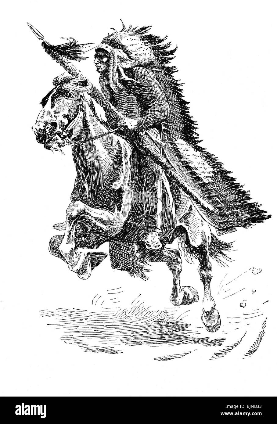 Géographie / voyages, Etats-Unis d'Amérique, Indiens d'Amérique, équitation Sioux Warrior avec de grands autours de tête, gravure en bois, XIXe siècle, historique, historique, plume headdress, lance, lances, Amérique du Nord, cavalier, indien, cheval, homme, homme, homme, homme, peuple, Banque D'Images