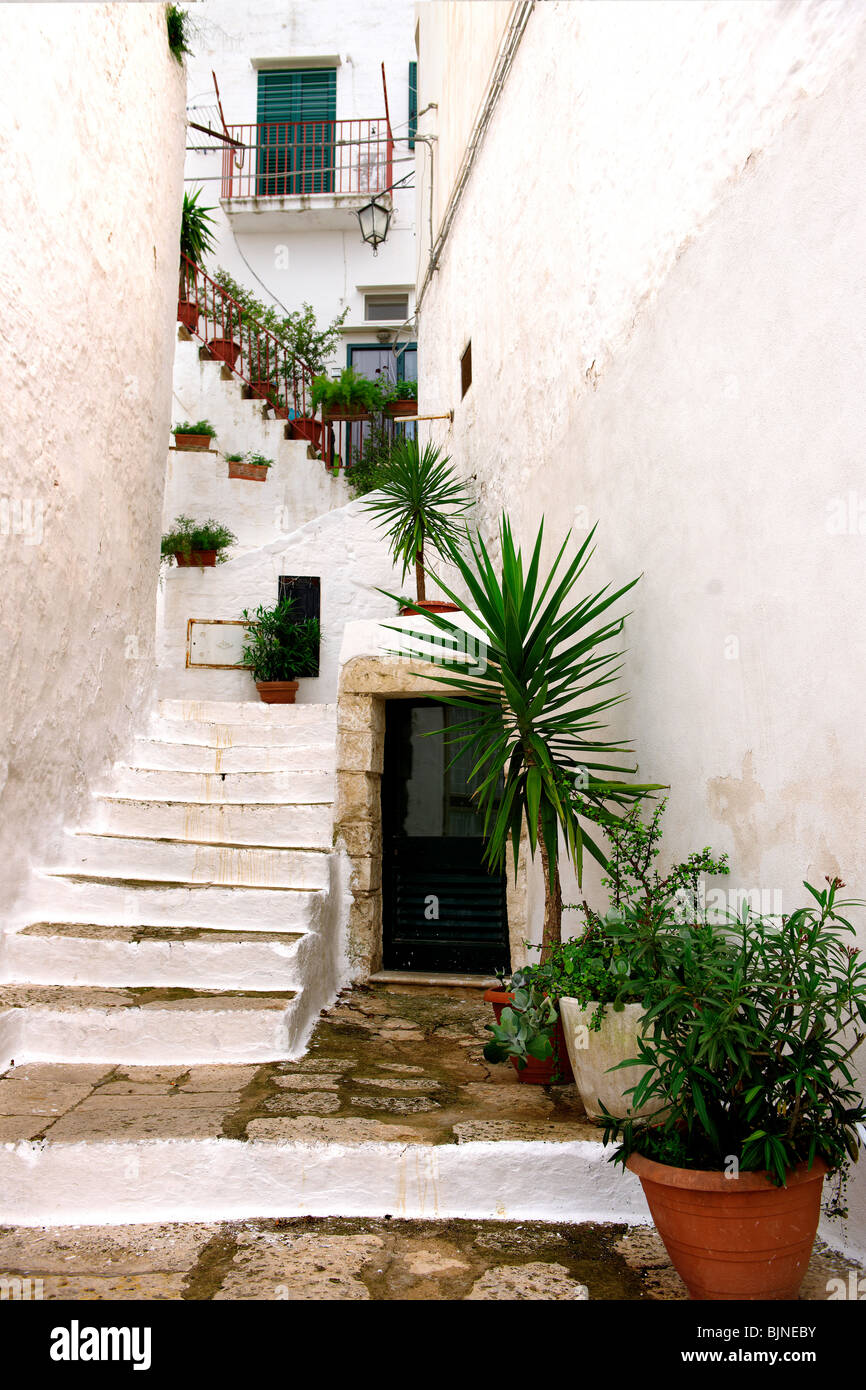 Les rues et ruelles de la ville blanche d'Ostuni, Pouilles, Italie du Sud. Banque D'Images