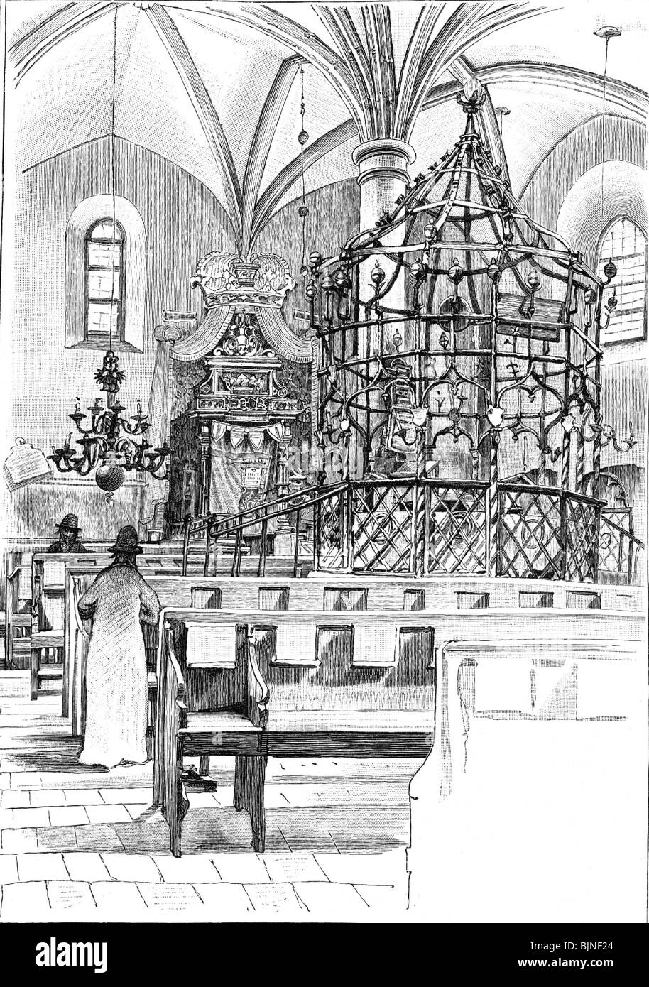 Religion, judaïsme, synagogue, ancienne synagogue de Cracovie, vue intérieure, gravure en bois, XIXe siècle, historique, historique, juif polonais, juifs, judaïsme, juifs, juifs, juifs, juifs, juifs, juifs, juifs, peuple, Banque D'Images
